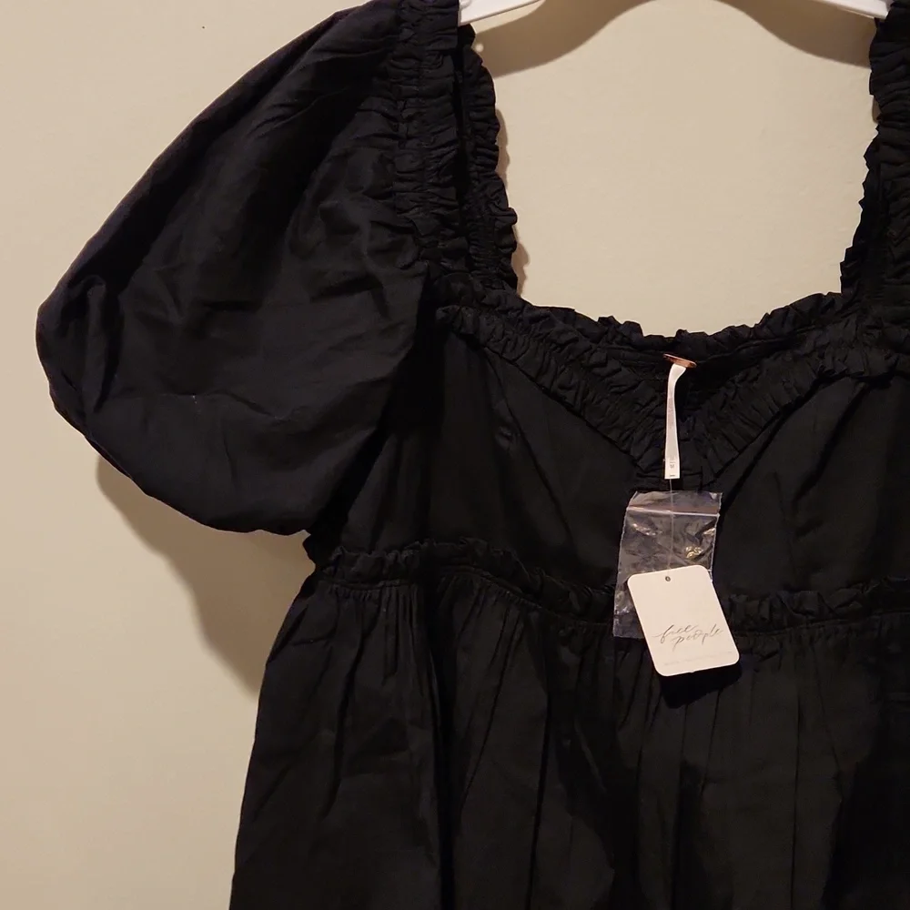 ❤️ NWT! FREE PEOPLE RENDEVOUS ME BLACK PUFF SLEEVE POPLIN MINI DRESS, MEDIUM